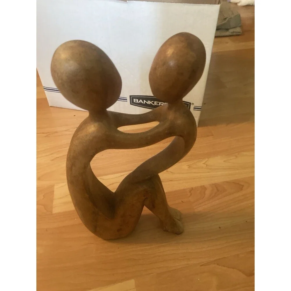 Hand-Carved Wooden Sculpture Mother and Child Embrace Abstract Figurine 11”
